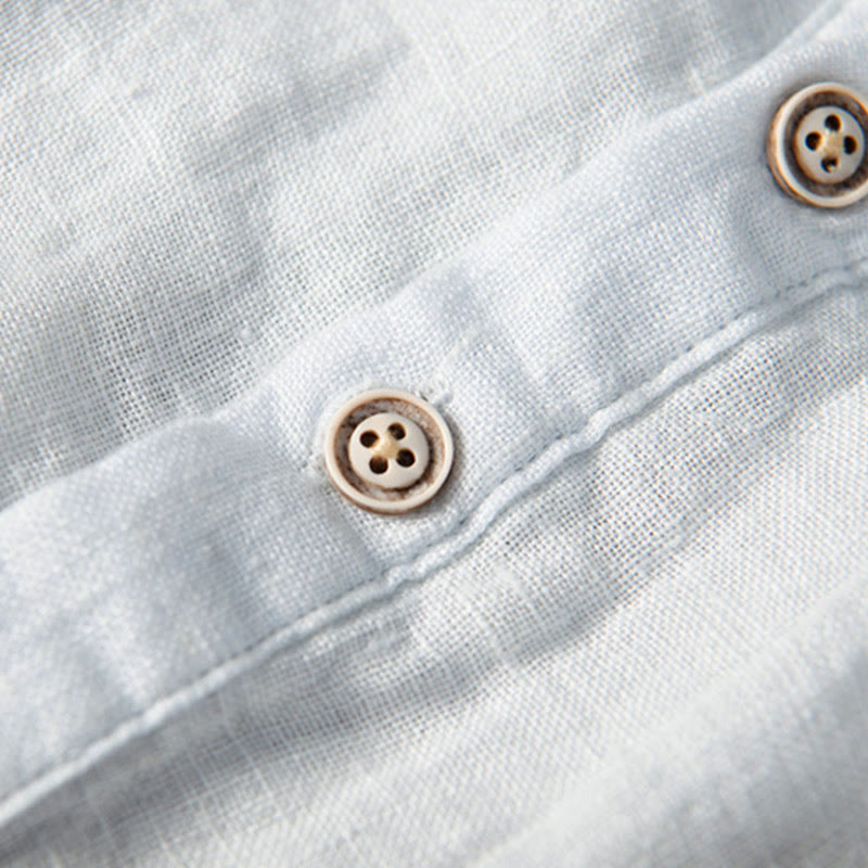 Buddha Stones Solid Color Long Sleeve Half Button Shirt Cotton Linen Men Clothing
