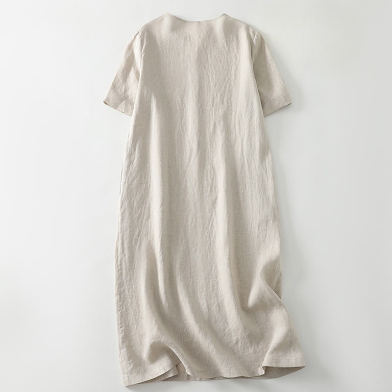 Buddha Stones Summer Casual Plain Design V-Neck Short Sleeve Cotton Linen Midi Dress With Pockets