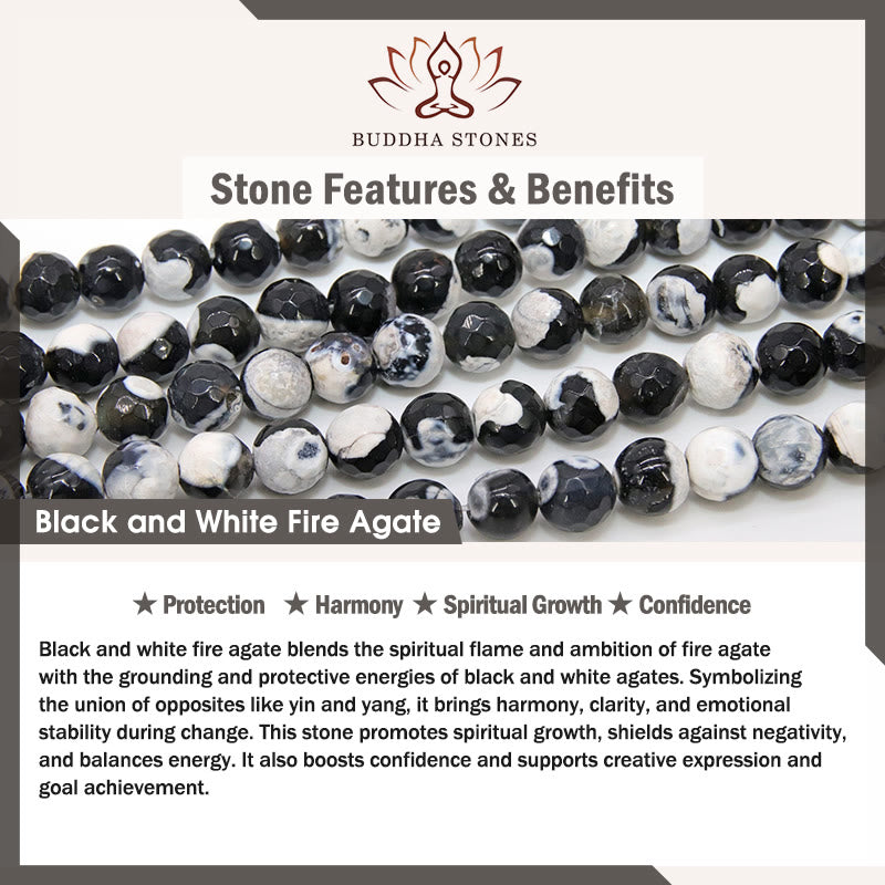 Buddha Stones 925 Sterling Silver Black and White Cat Fire Agate Bead Love Bracelet