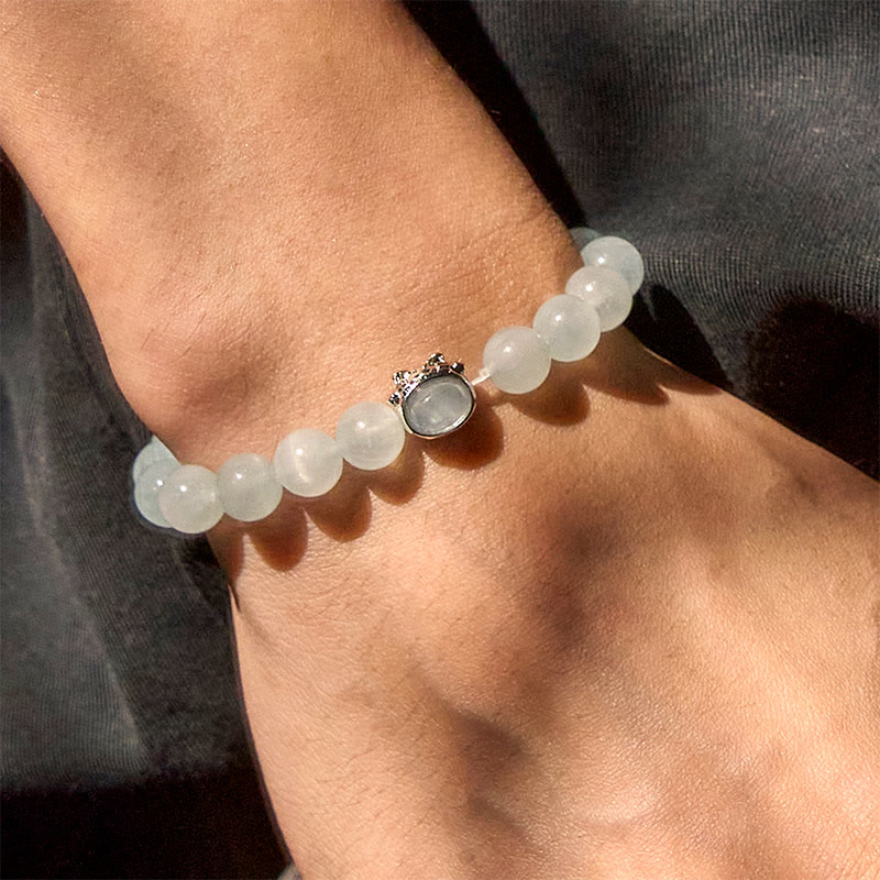 Buddha Stones Natural Aquamarine Lucky Cat Peace Bracelet