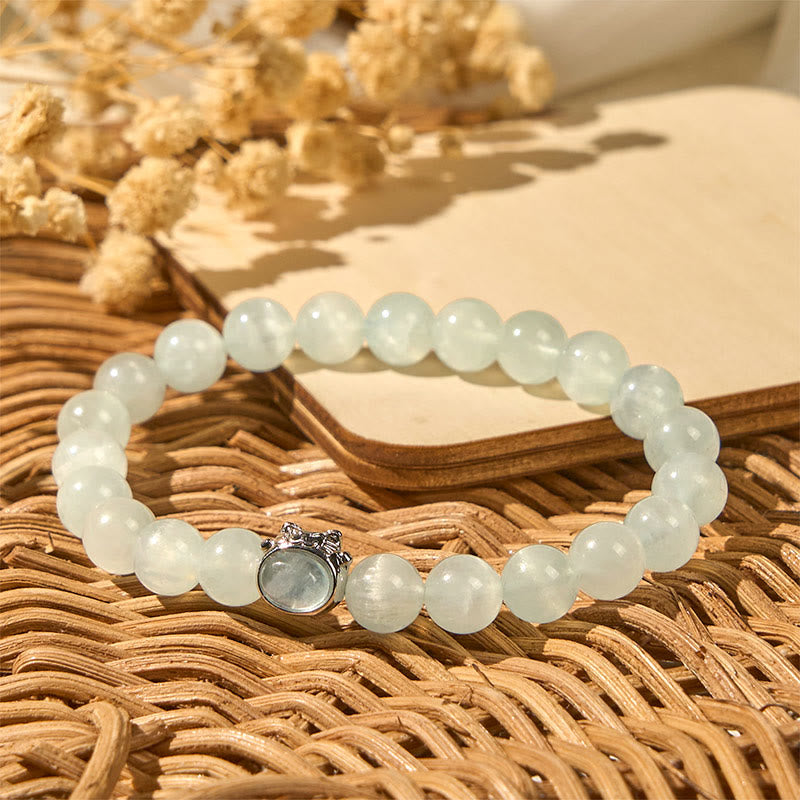 Buddha Stones Natural Aquamarine Lucky Cat Peace Bracelet