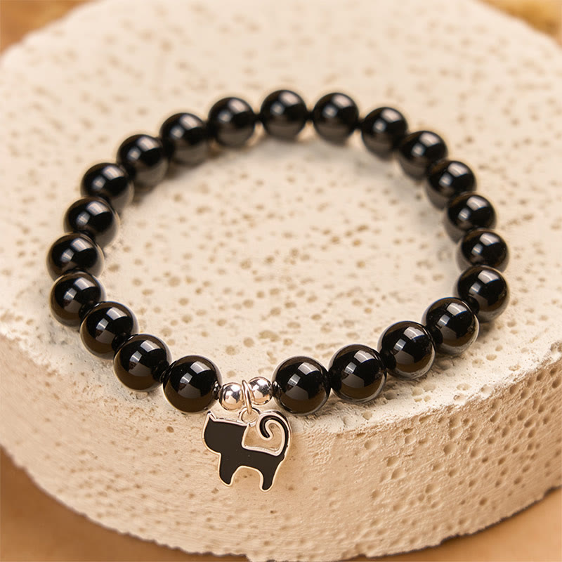 Buddha Stones 925 Sterling Silver Kitten Charm Black Cat Natural Black Onyx Protection Bracelet