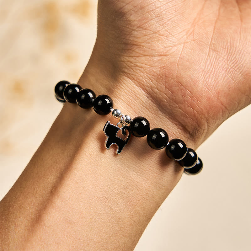 Buddha Stones 925 Sterling Silver Kitten Charm Black Cat Natural Black Onyx Protection Bracelet