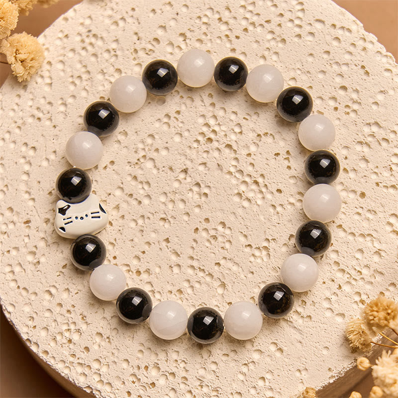 Buddha Stones Bicolor Cat Black Onyx White Chalcedony Fortune Bracelet