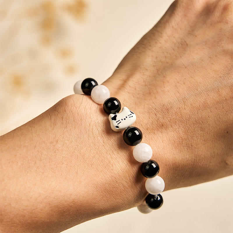 Buddha Stones Bicolor Cat Black Onyx White Chalcedony Fortune Bracelet