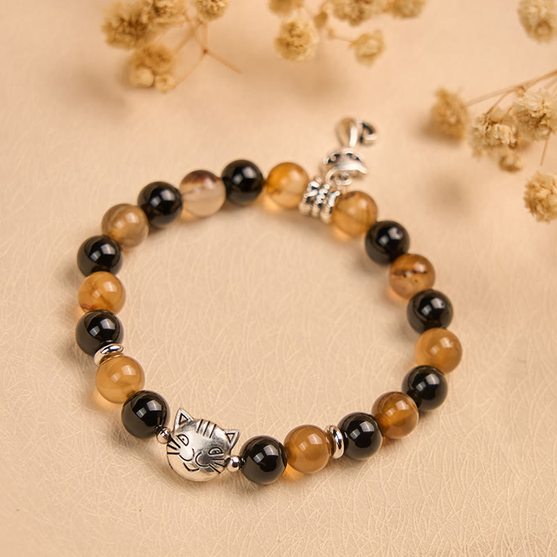 FREE Today: Protection and Support Handmade Save A Cat Light Brown Striped Agate Black Onyx Bracelet