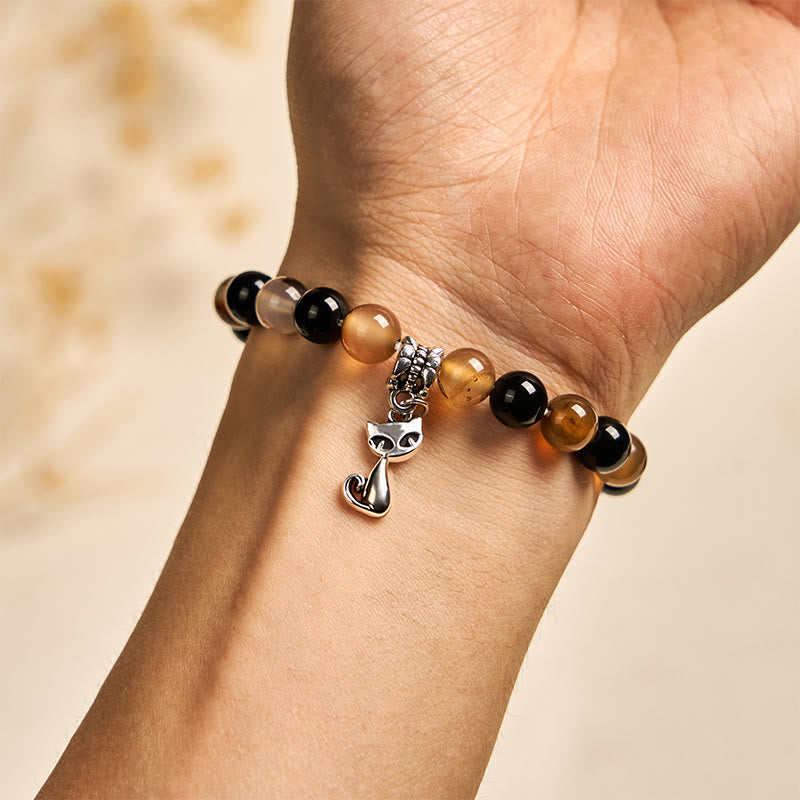 FREE Today: Protection and Support Handmade Save A Cat Light Brown Striped Agate Black Onyx Bracelet
