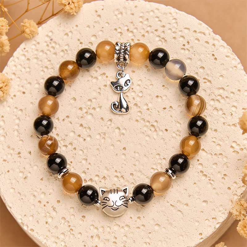FREE Today: Protection and Support Handmade Save A Cat Light Brown Striped Agate Black Onyx Bracelet