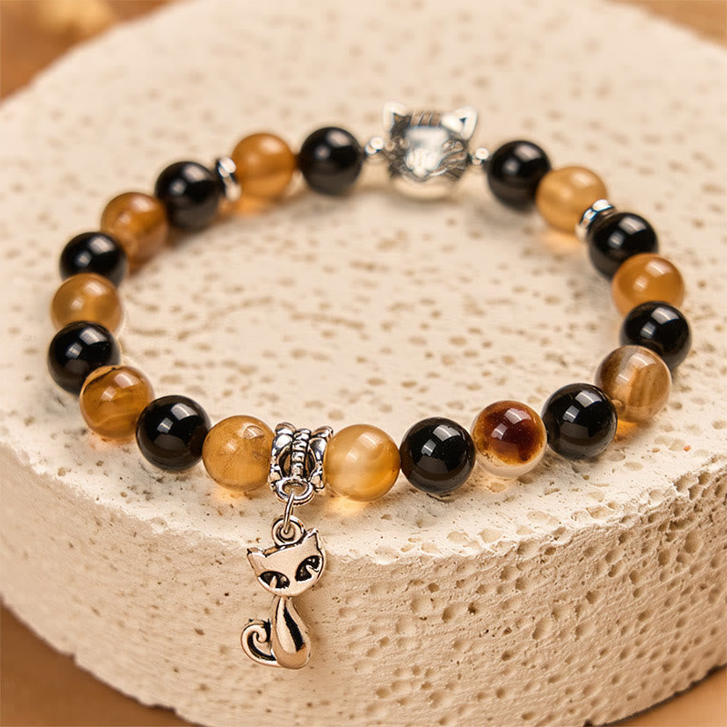 FREE Today: Protection and Support Handmade Save A Cat Light Brown Striped Agate Black Onyx Bracelet