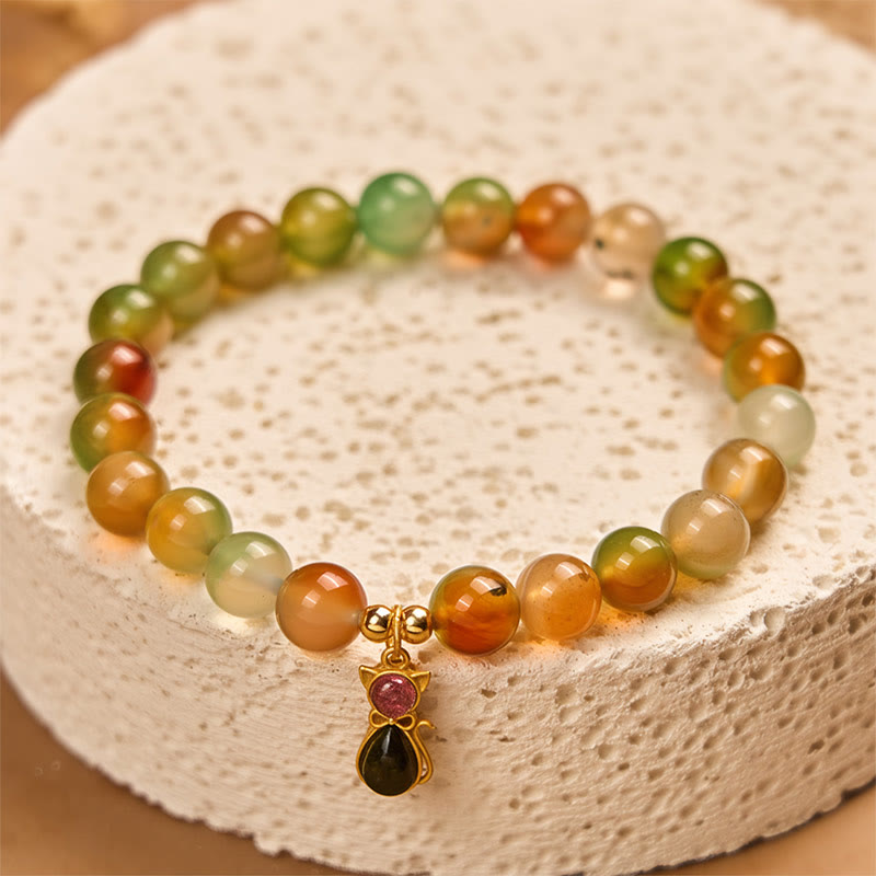 Buddha Stones 925 Sterling Silver Tourmaline Cat Natural Peacock Agate Courage Bracelet