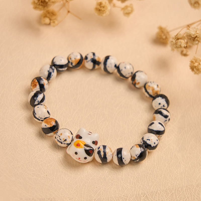 Buddha Stones Calico Cat Natural Stone Ceramic Kitten Head Strength Bracelet