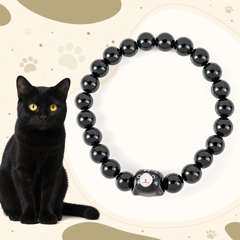 Buddha Stones Black Cat Natural Black Onyx Ceramic Kitten Support Bracelet