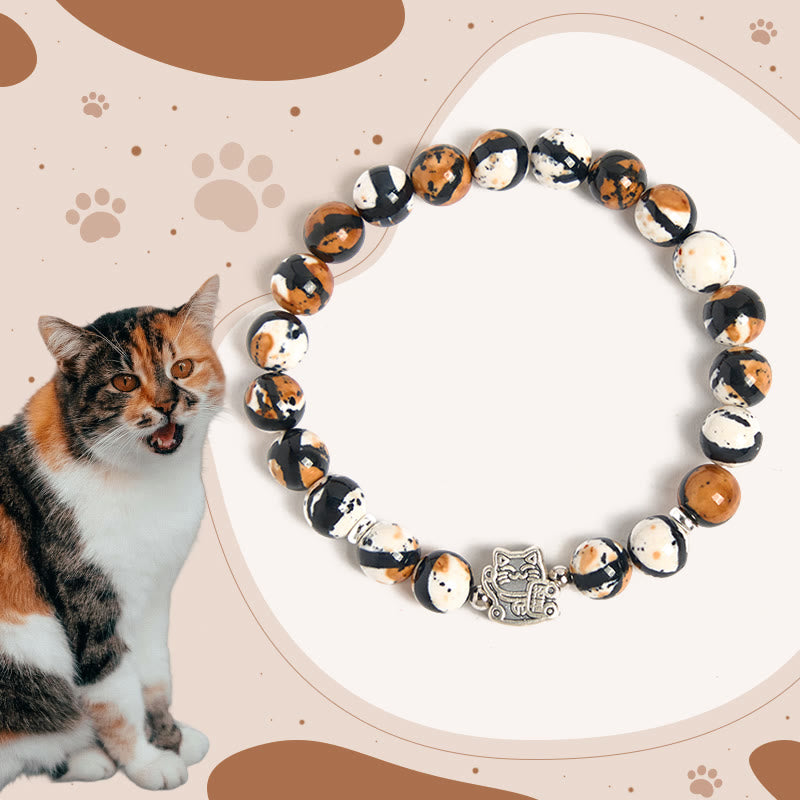 Buddha Stones 925 Sterling Silver Calico Cat Stone Bead Bracelet