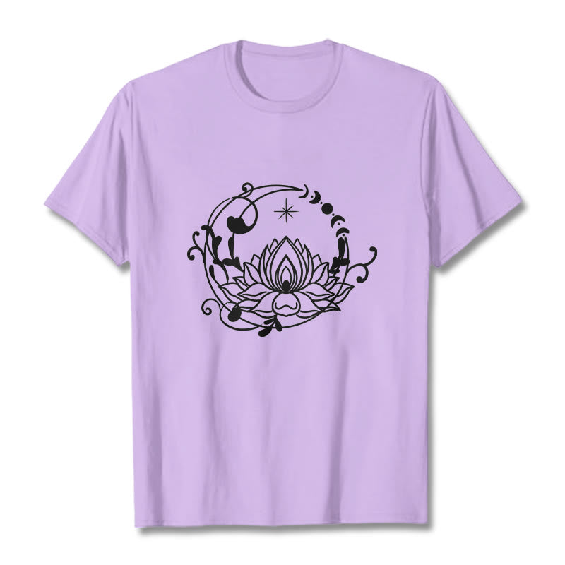 Buddha Stones Simple Design Lotus Flower Moon Flowing Vines Pattern Cotton Tee T-shirt