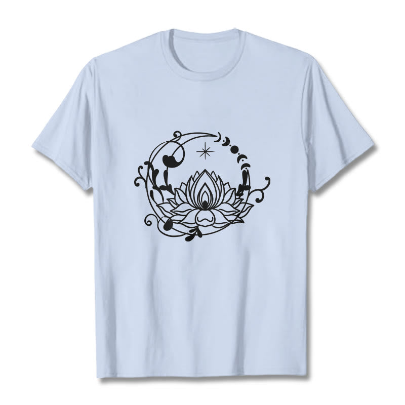 Buddha Stones Simple Design Lotus Flower Moon Flowing Vines Pattern Cotton Tee T-shirt