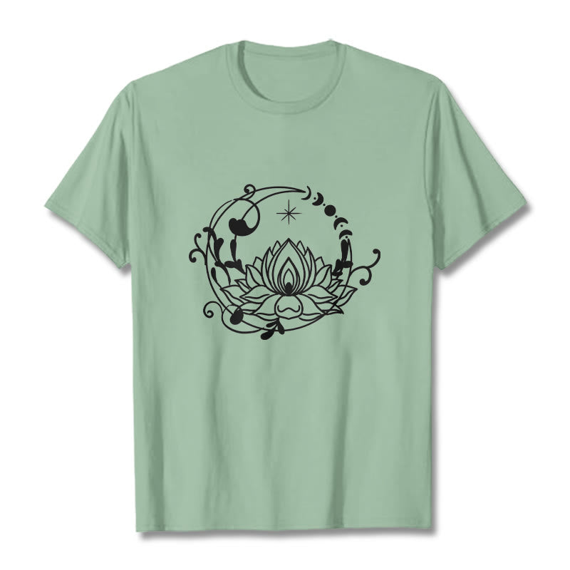 Buddha Stones Simple Design Lotus Flower Moon Flowing Vines Pattern Cotton Tee T-shirt
