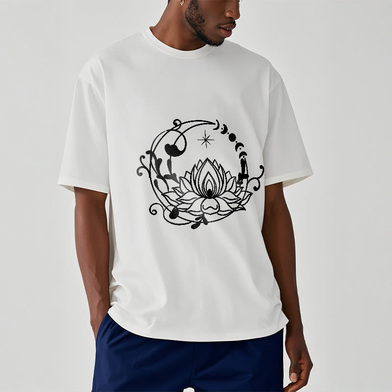 Buddha Stones Simple Design Lotus Flower Moon Flowing Vines Pattern Cotton Tee T-shirt