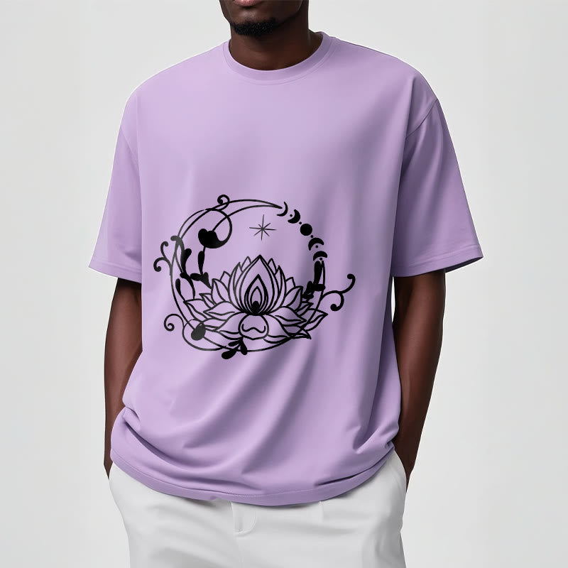 Buddha Stones Simple Design Lotus Flower Moon Flowing Vines Pattern Cotton Tee T-shirt