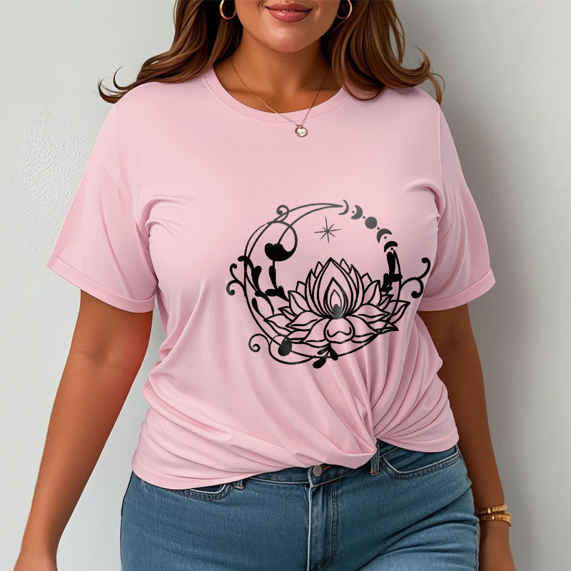 Buddha Stones Simple Design Lotus Flower Moon Flowing Vines Pattern Cotton Tee T-shirt