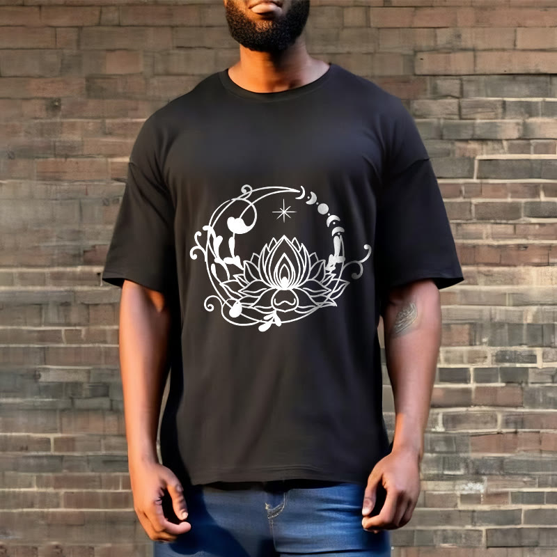 Buddha Stones Simple Design Lotus Flower Moon Flowing Vines Pattern Cotton Tee T-shirt