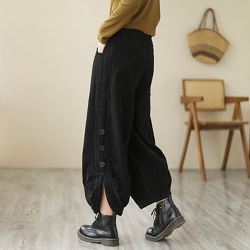 Buddha Stones Casual Buttons Leg Opening Design Women's Cotton Corduroy Pants With Pockets