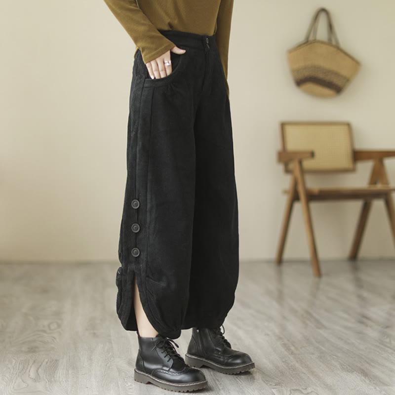 Buddha Stones Casual Buttons Leg Opening Design Women's Cotton Corduroy Pants With Pockets