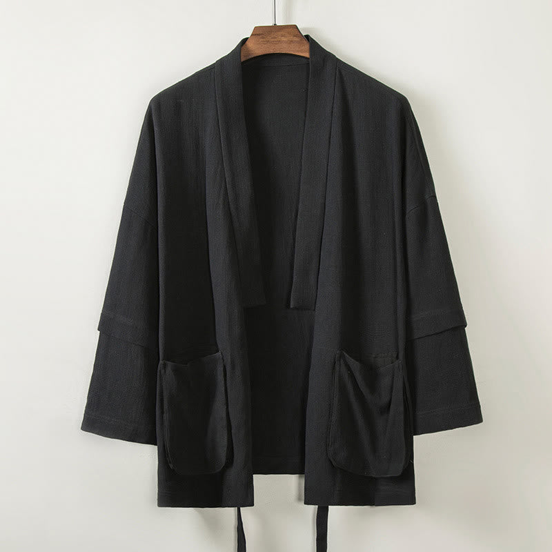 Buddha Stones Pure Color Open Front Jacket Men's Cotton Linen Long Sleeve Kimono With Pockets