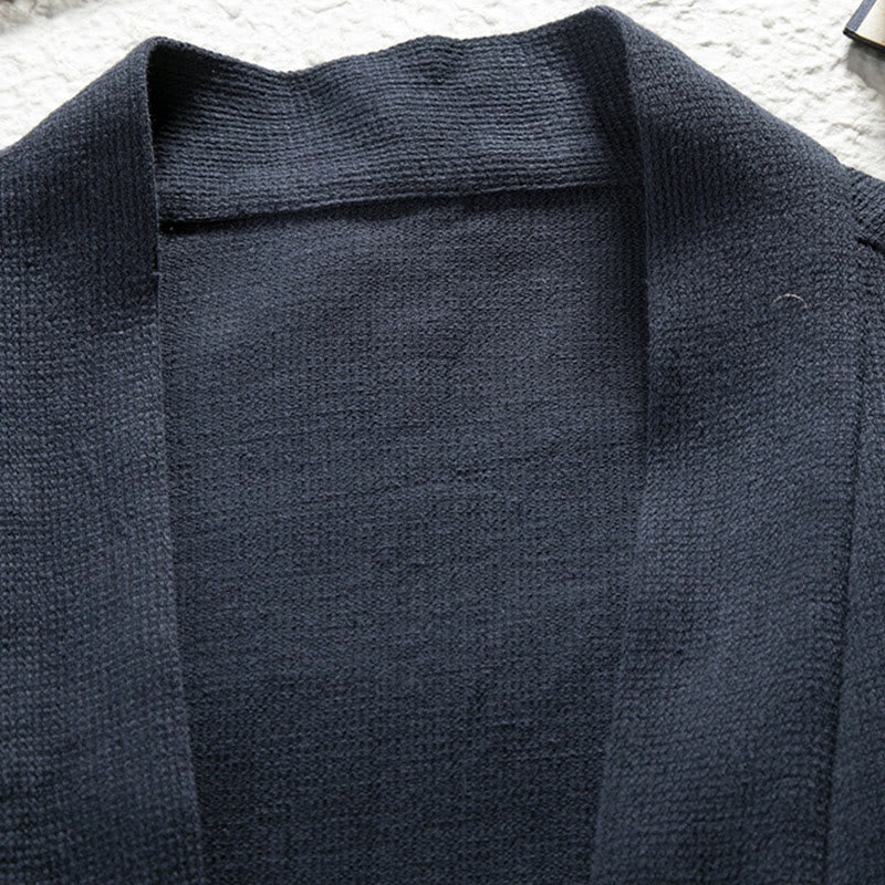 Buddha Stones Pure Color Open Front Jacket Men's Cotton Linen Long Sleeve Kimono With Pockets