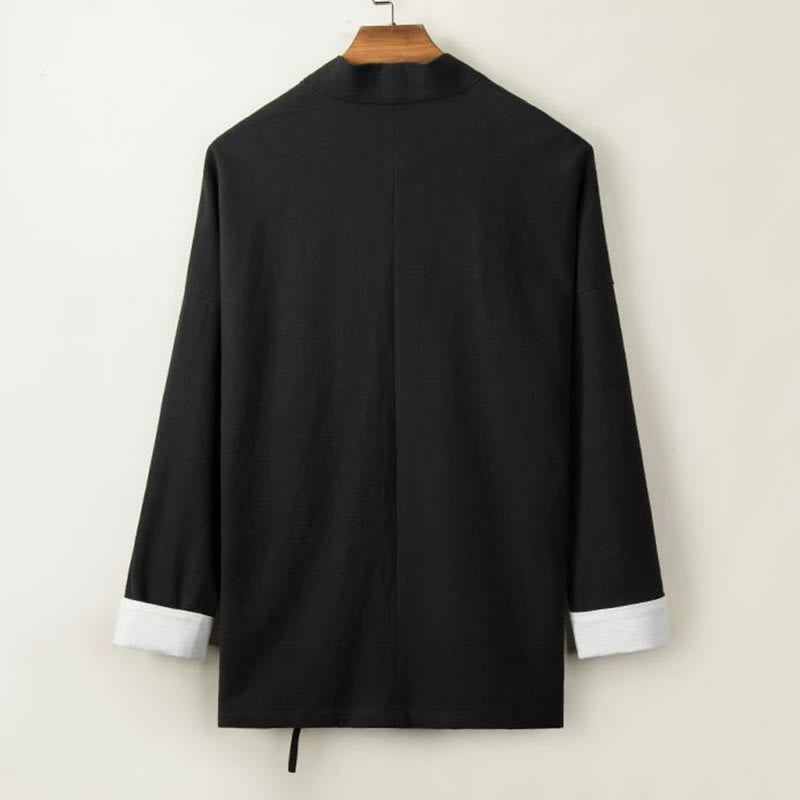 Buddha Stones Chinese Frog-Buttons Long Sleeve Design Open Front Jacket Men's Cotton Linen Kimono