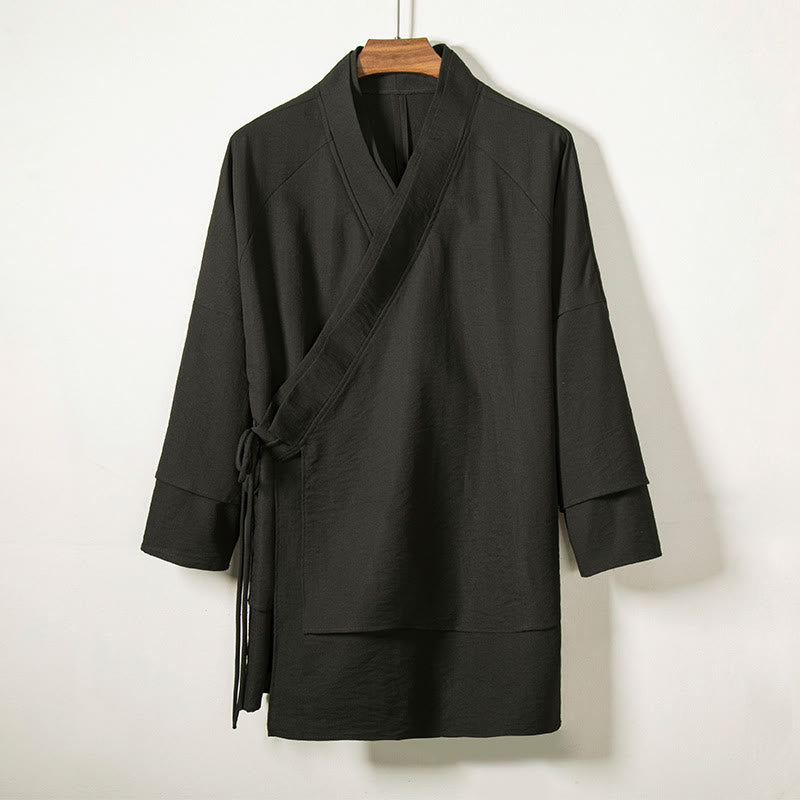 Buddha Stones Lace-Up Design Open Front Jacket Men's Cotton Linen Long Sleeve Kimono