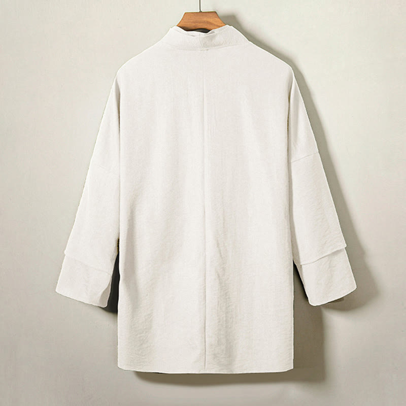 Buddha Stones Lace-Up Design Open Front Jacket Men's Cotton Linen Long Sleeve Kimono