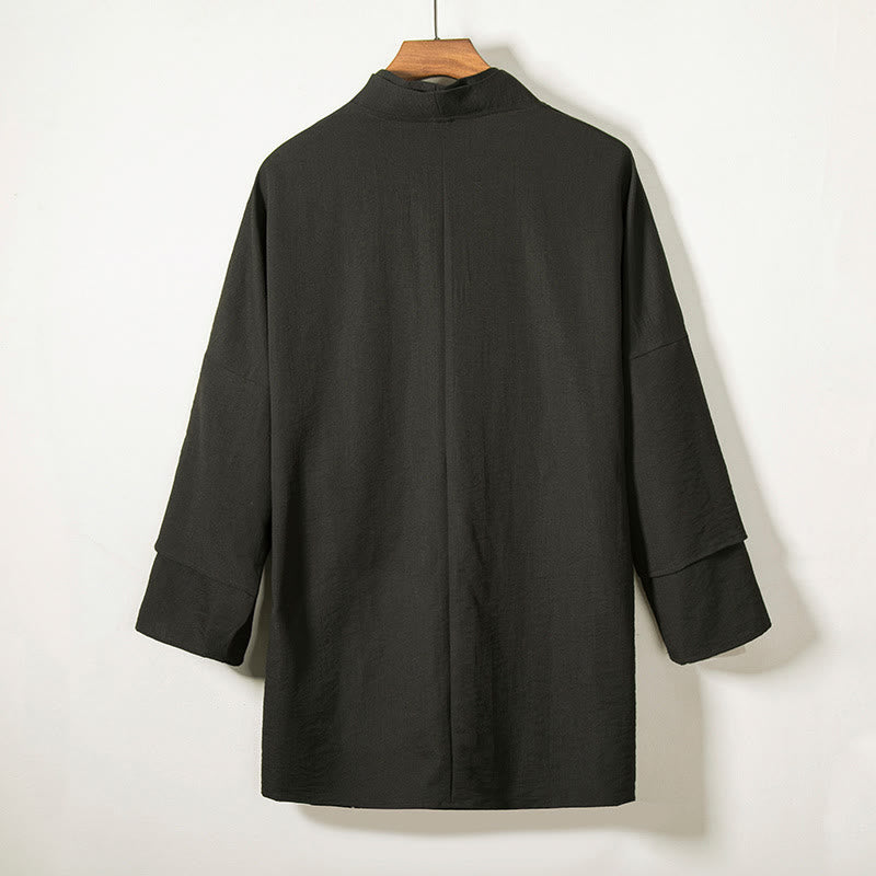 Buddha Stones Lace-Up Design Open Front Jacket Men's Cotton Linen Long Sleeve Kimono