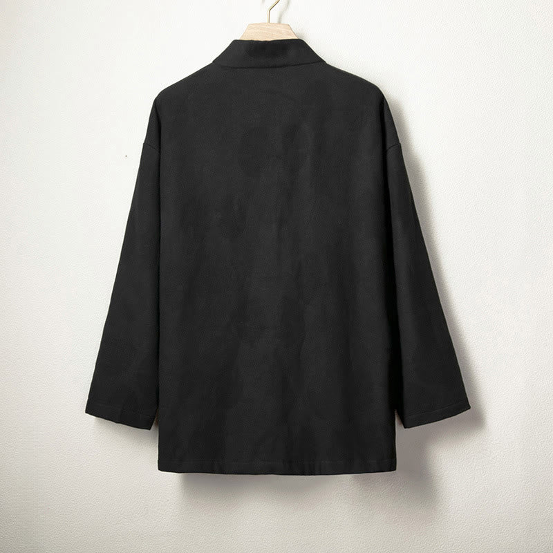 Buddha Stones Jacquard Button Men's Cotton Linen Long Sleeve Fleece-Lined Jacket Shirt