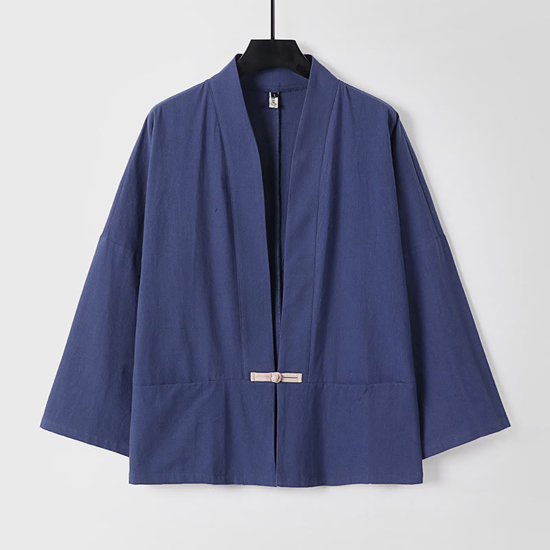 Buddha Stones Long Sleeve Buttons Design Men's Open Front Cotton Linen Jacket Kimono With Pockets