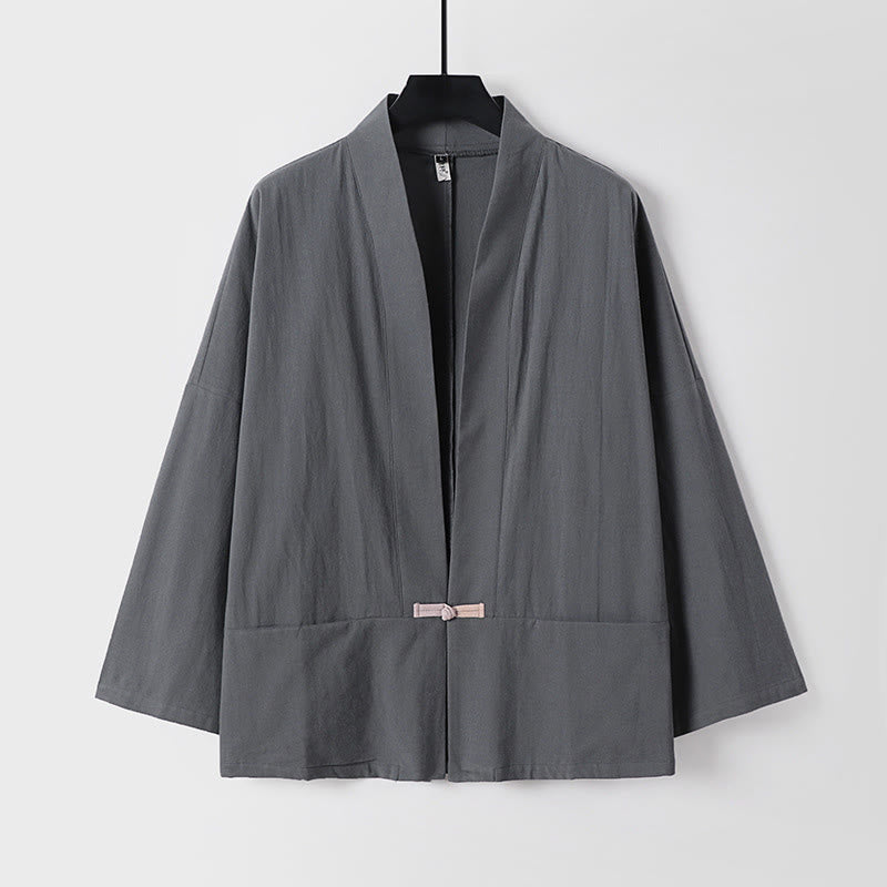 Buddha Stones Long Sleeve Buttons Design Men's Open Front Cotton Linen Jacket Kimono With Pockets