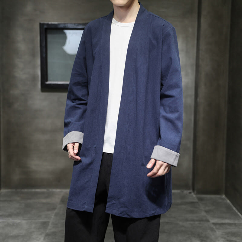 Buddha Stones Spring Long Sleeve Open Front Men's Cotton Linen Zen Jacket Kimono