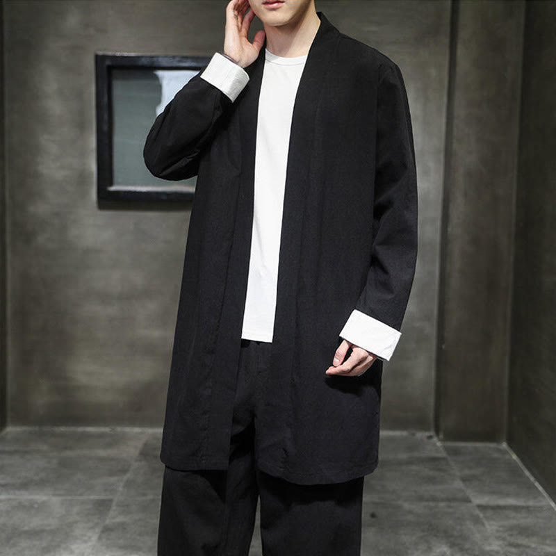 Buddha Stones Spring Long Sleeve Open Front Men's Cotton Linen Zen Jacket Kimono