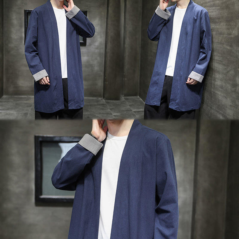 Buddha Stones Spring Long Sleeve Open Front Men's Cotton Linen Zen Jacket Kimono
