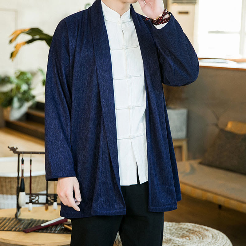 Buddha Stones Spring Pure Color Open Front Cotton Linen Men's Long Sleeve Jacket Kimono