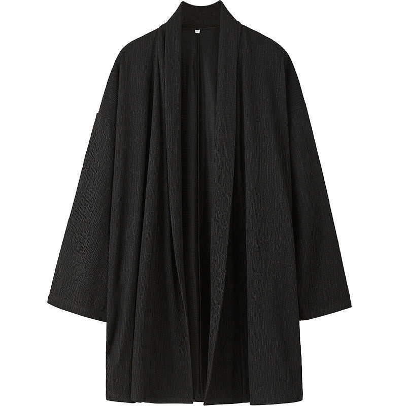 Buddha Stones Spring Pure Color Open Front Cotton Linen Men's Long Sleeve Jacket Kimono
