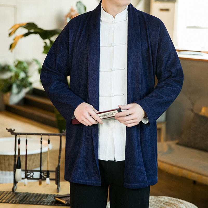 Buddha Stones Spring Pure Color Open Front Cotton Linen Men's Long Sleeve Jacket Kimono