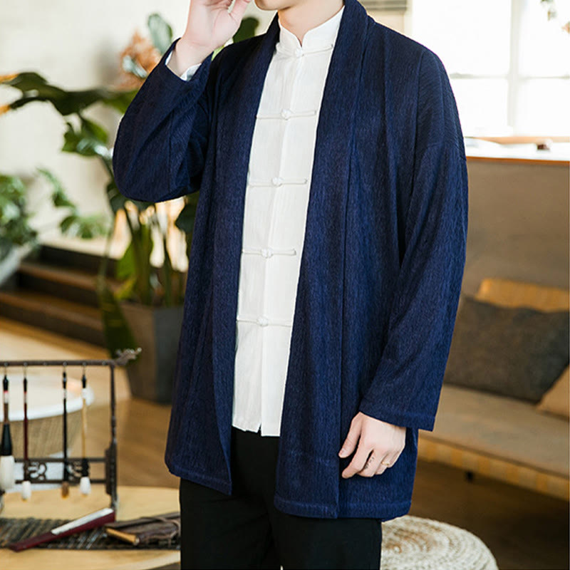 Buddha Stones Spring Pure Color Open Front Cotton Linen Men's Long Sleeve Jacket Kimono