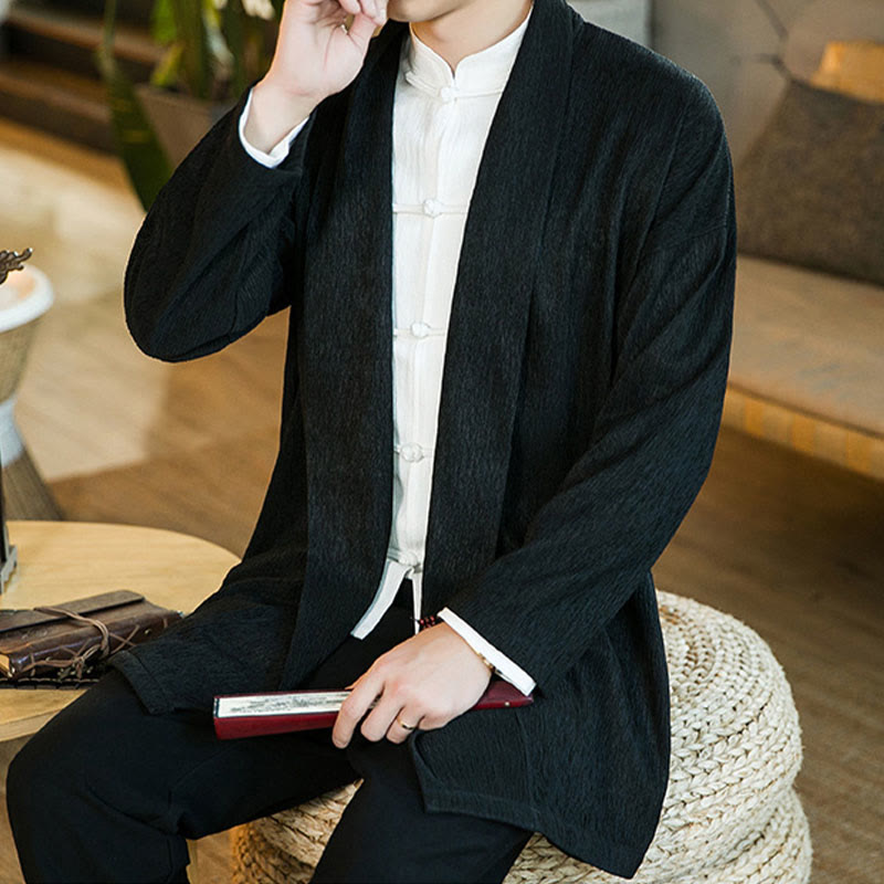Buddha Stones Spring Pure Color Open Front Cotton Linen Men's Long Sleeve Jacket Kimono