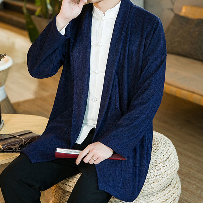 Buddha Stones Spring Pure Color Open Front Cotton Linen Men's Long Sleeve Jacket Kimono