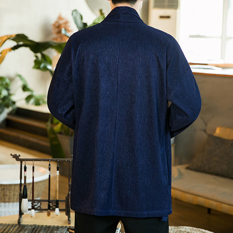 Buddha Stones Spring Pure Color Open Front Cotton Linen Men's Long Sleeve Jacket Kimono