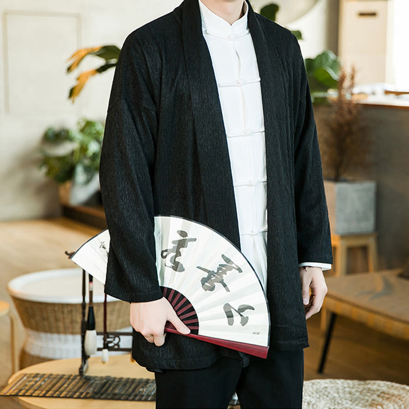 Buddha Stones Spring Pure Color Open Front Cotton Linen Men's Long Sleeve Jacket Kimono