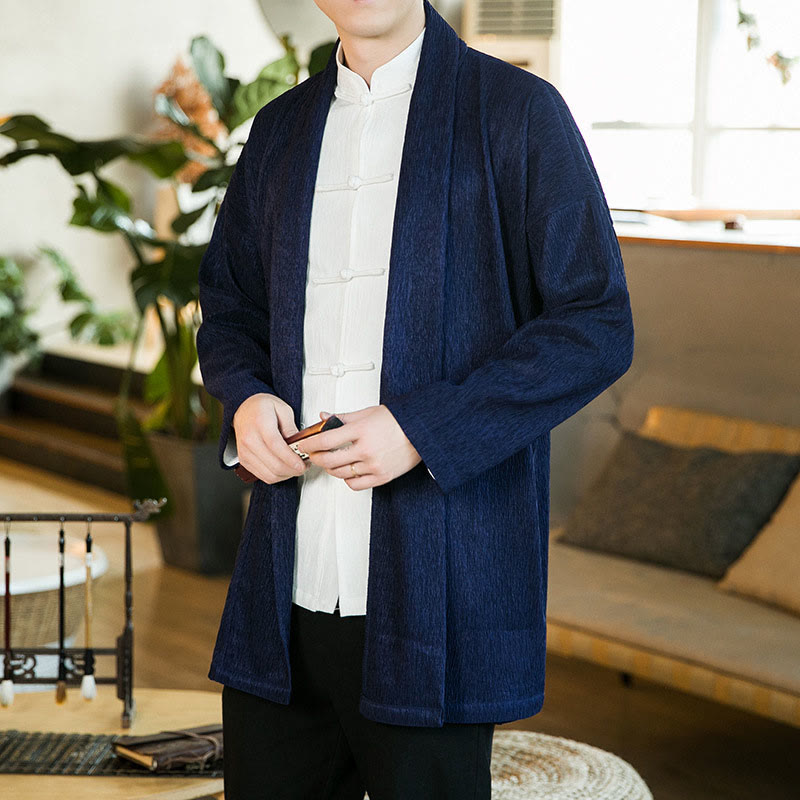 Buddha Stones Spring Pure Color Open Front Cotton Linen Men's Long Sleeve Jacket Kimono