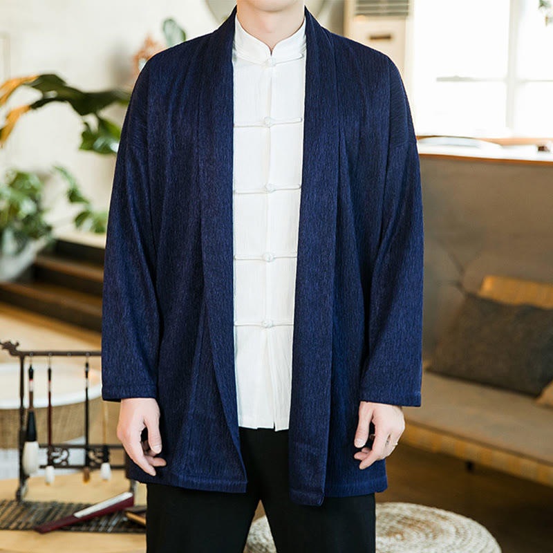 Buddha Stones Spring Pure Color Open Front Cotton Linen Men's Long Sleeve Jacket Kimono