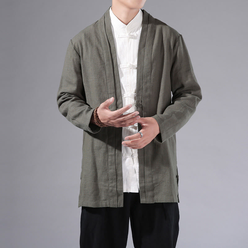 Buddha Stones Plain Simple Design Open Front Cotton Linen Men's Long Sleeve Jacket Kimono