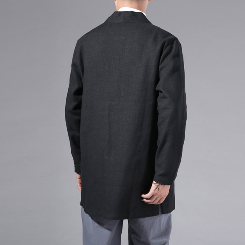 Buddha Stones Plain Simple Design Open Front Cotton Linen Men's Long Sleeve Jacket Kimono